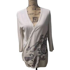 J.Jill Women's Size M Open Cardigan Sweater‎ Beige Plunge Neck Paisley